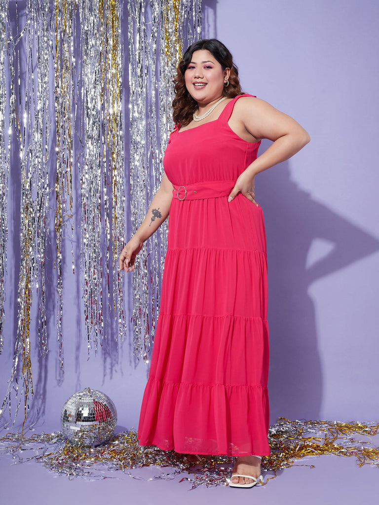 Women's Magenta Strappy Frill Tiered Maxi Dress