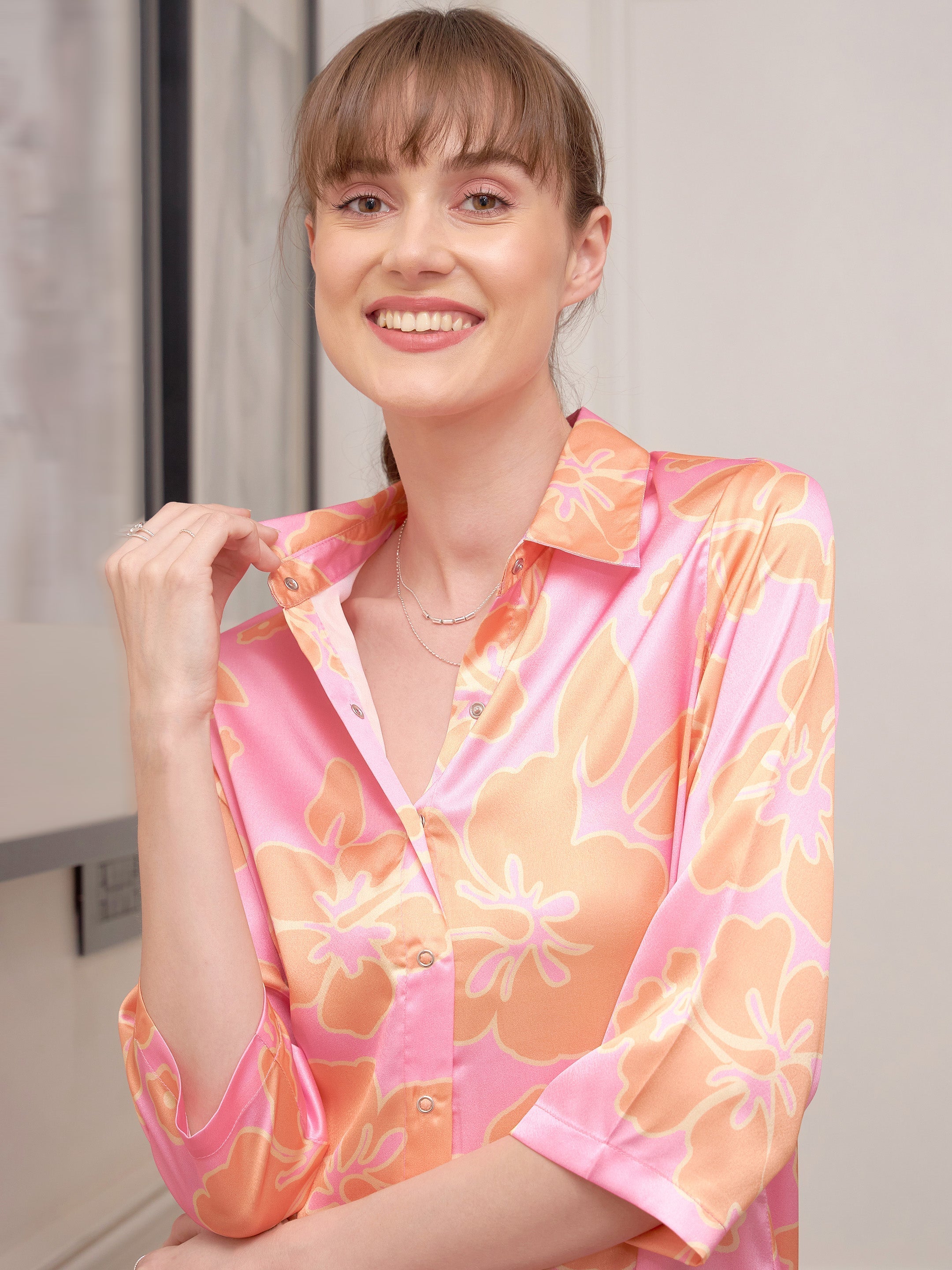 Women's Pink Satin Tropical Print Shirt Dress - SASSAFRAS