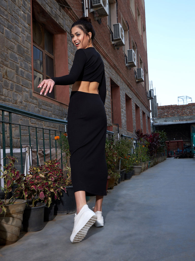 Women's Black Rib Waist Cut Out Maxi Dress