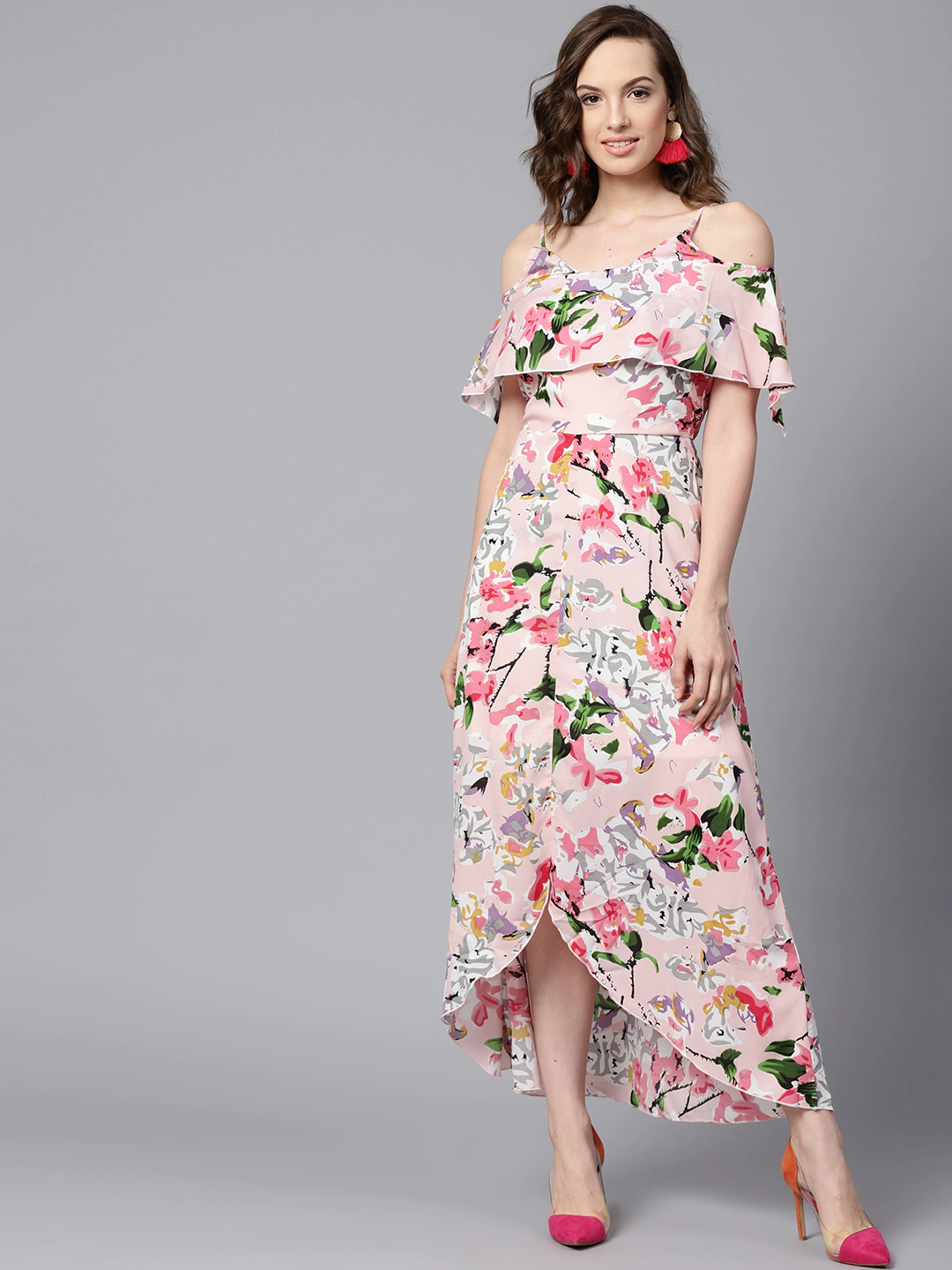 Women's Pink Floral Layered High Low Maxi Dress - SASSAFRAS