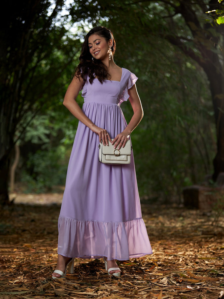 Women's Lavender Square Neck Frill Hem Maxi Dress