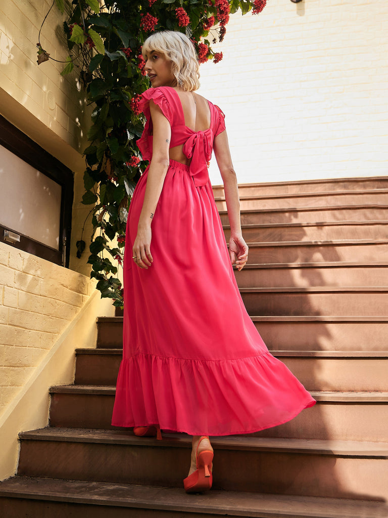 Women's Fuchsia Square Neck Frill Hem Maxi Dress