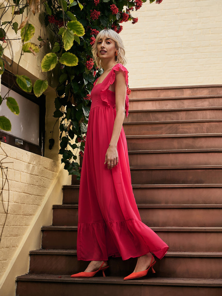 Women's Fuchsia Square Neck Frill Hem Maxi Dress