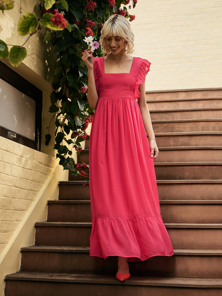 Women's Fuchsia Square Neck Frill Hem Maxi Dress