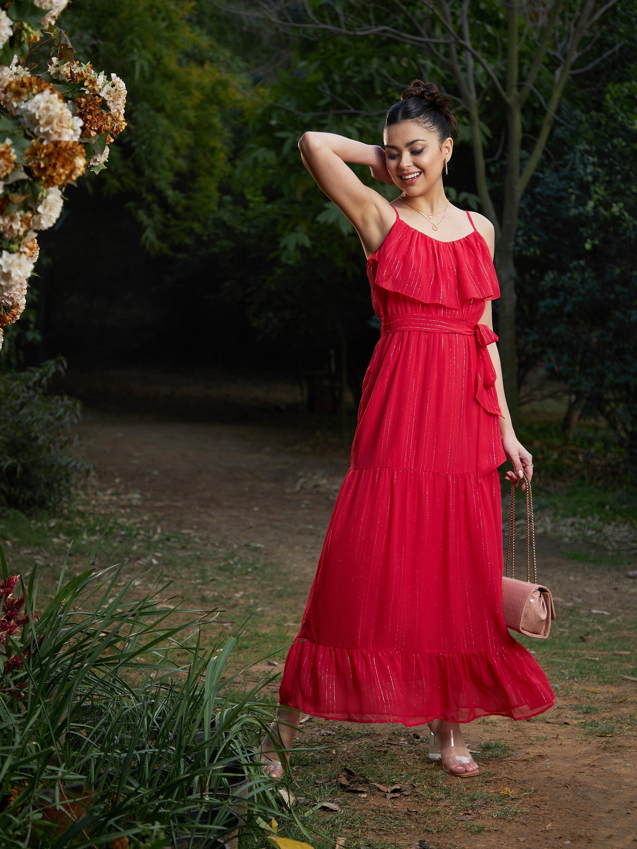 Women's Red Chiffon Lurex Strappy Ruffle Maxi Dress - SASSAFRAS