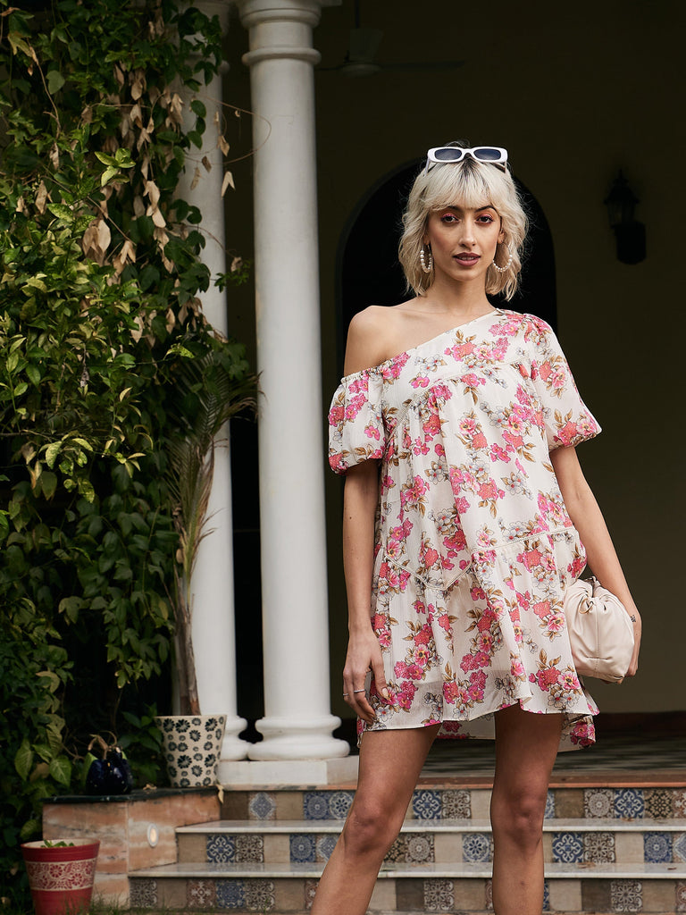 Women's White Floral Chinon One Shoulder Boxy Dress