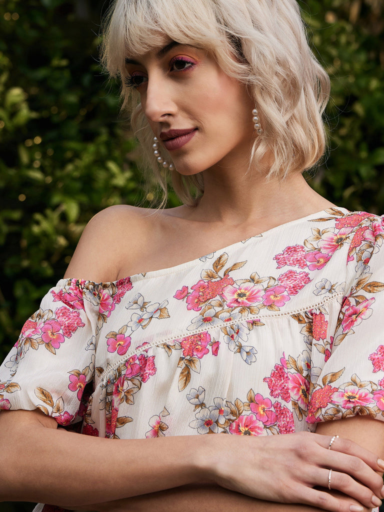 Women's White Floral Chinon One Shoulder Boxy Dress