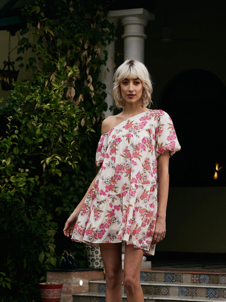Women's White Floral Chinon One Shoulder Boxy Dress