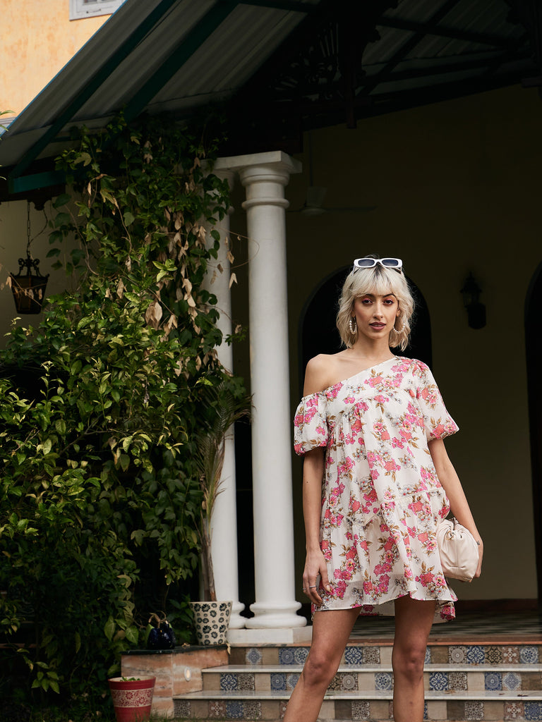Women's White Floral Chinon One Shoulder Boxy Dress