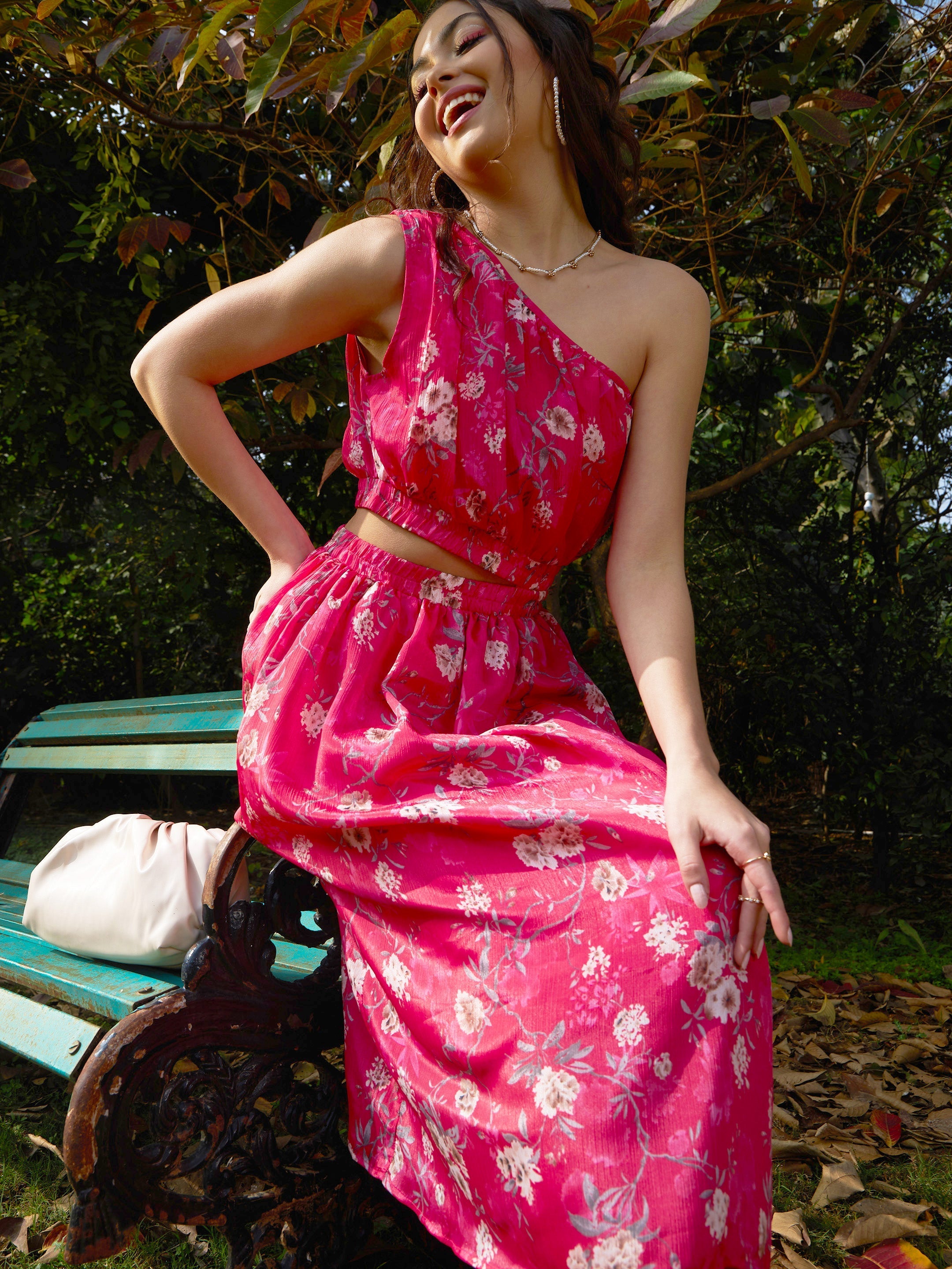 Women's Pink Floral Chinon One Shoulder Side Cut-Out Dress