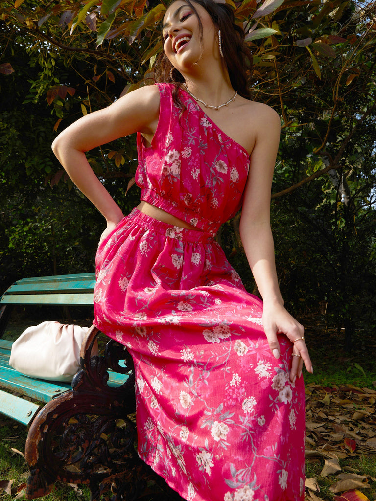Women's Pink Floral Chinon One Shoulder Side Cut-Out Dress