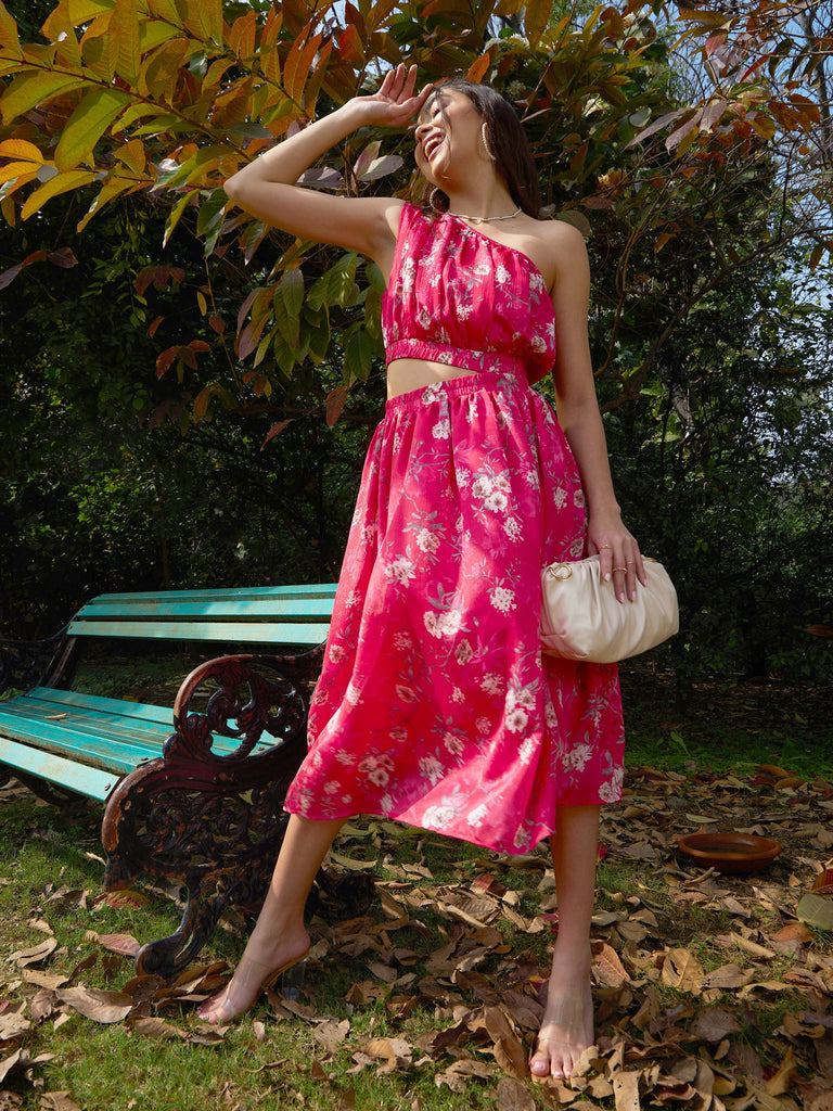 Women's Pink Floral Chinon One Shoulder Side Cut-Out Dress