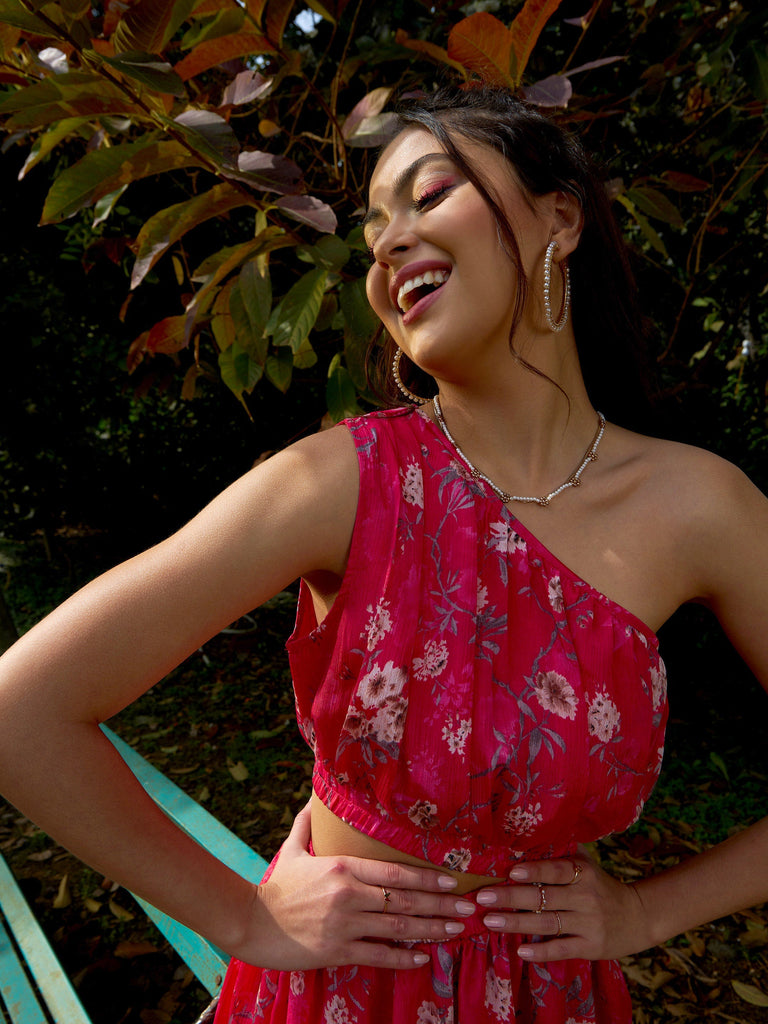 Women's Pink Floral Chinon One Shoulder Side Cut-Out Dress