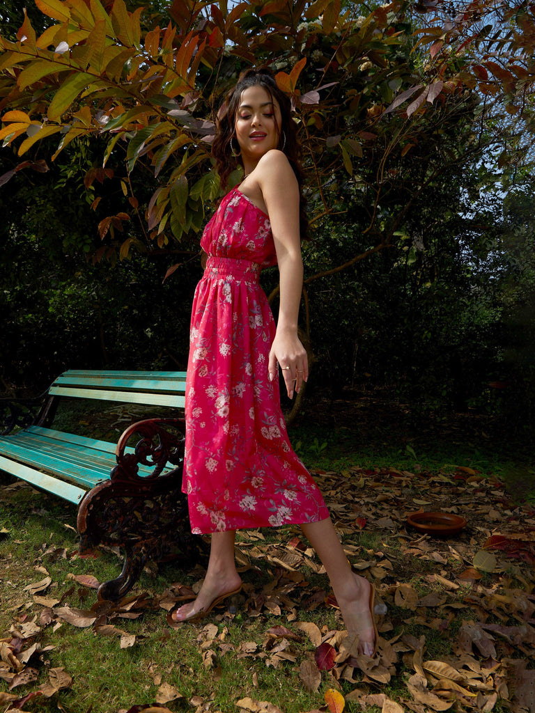 Women's Pink Floral Chinon One Shoulder Side Cut-Out Dress