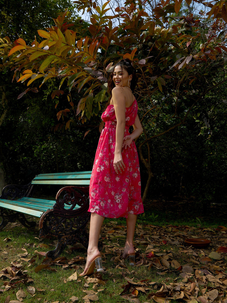 Women's Pink Floral Chinon One Shoulder Side Cut-Out Dress