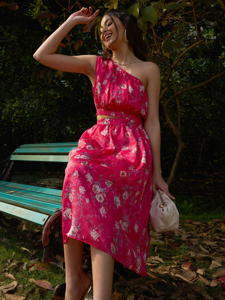 Women's Pink Floral Chinon One Shoulder Side Cut-Out Dress