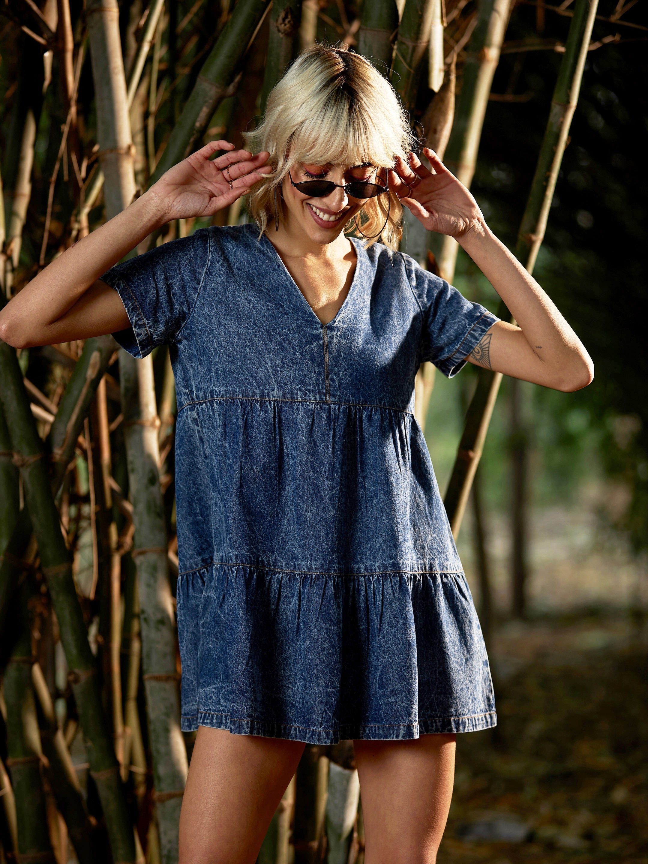 Women's Blue Washed Denim Tiered Short Dress - SASSAFRAS