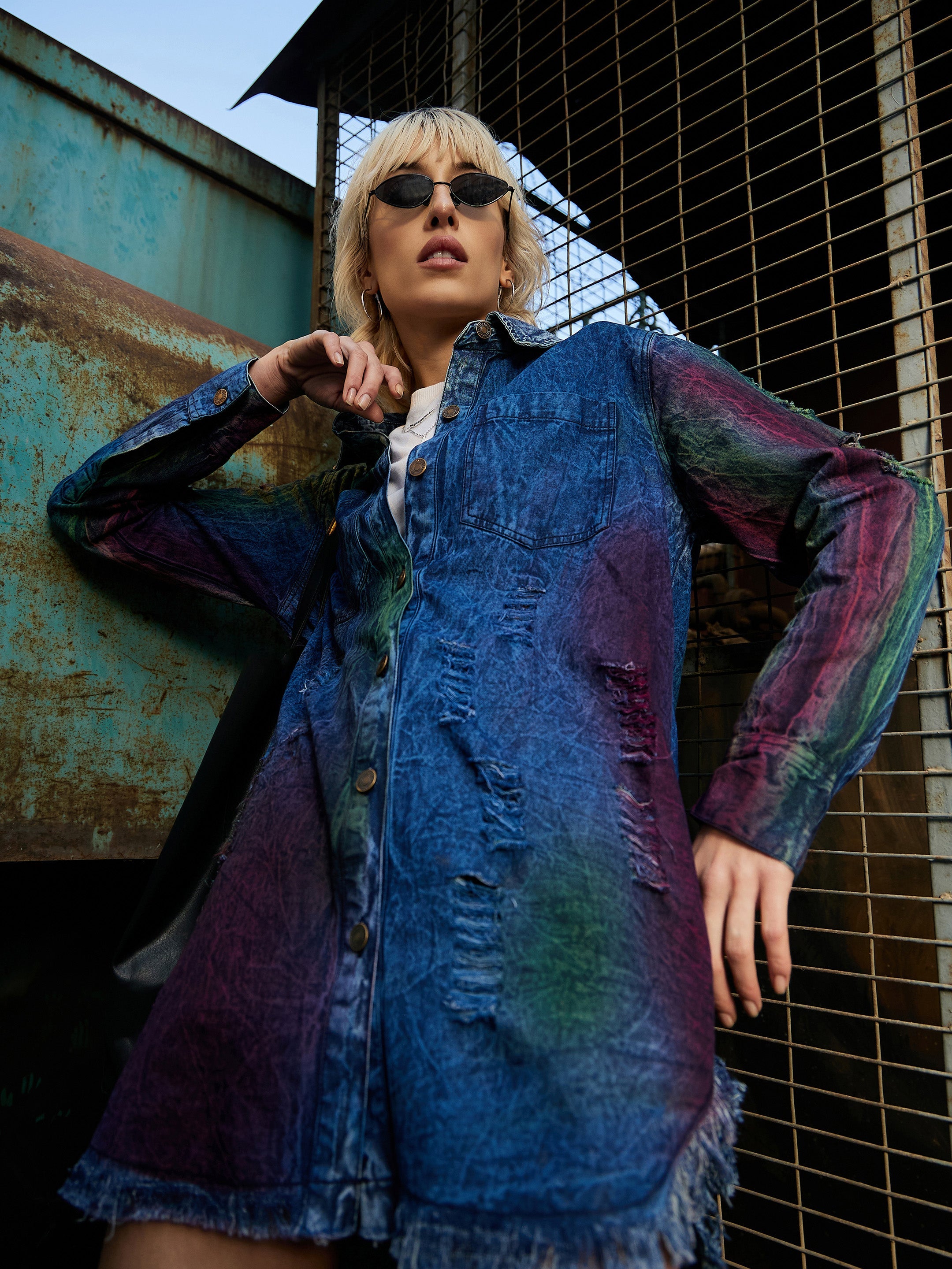 Women's Blue Denim Rainbow Paint High Low Shirt Dress - SASSAFRAS