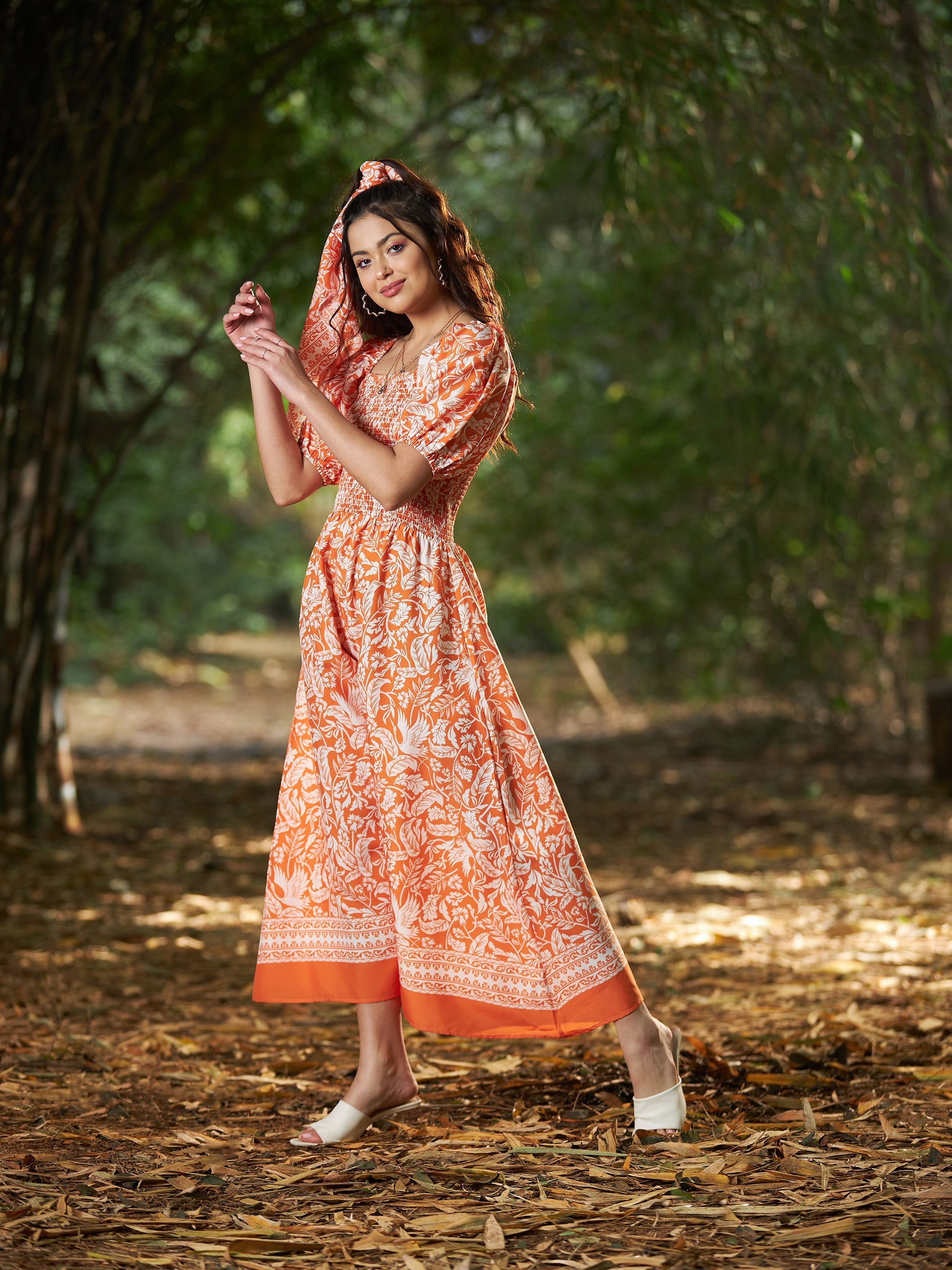 Women's Orange Floral Puff Sleeve A-Line Midi Dress - SASSAFRAS
