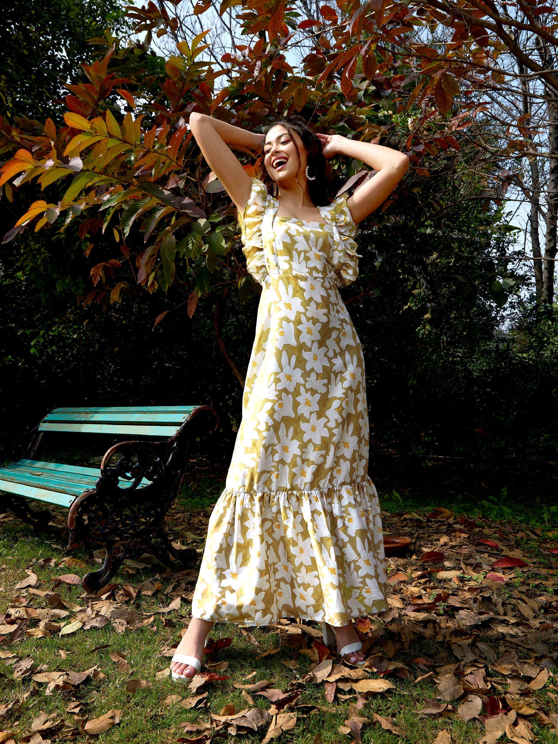 Women Olive Floral Back Tie-Knot Detail Maxi Dress XS / Olive