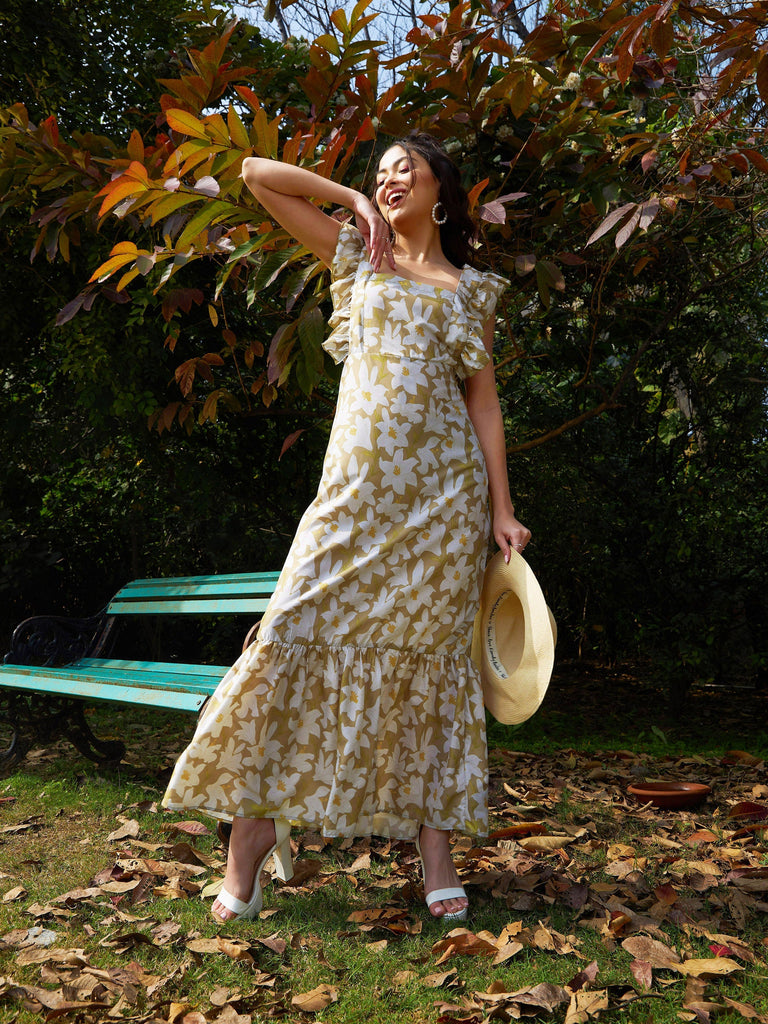 Women's Olive Floral Back Tie-Knot Detail Maxi Dress