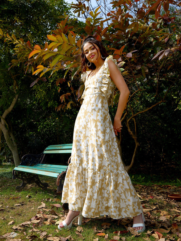 Women's Olive Floral Back Tie-Knot Detail Maxi Dress