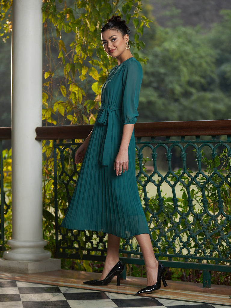Women's Green Accordion Pleated Belted Midi Dress