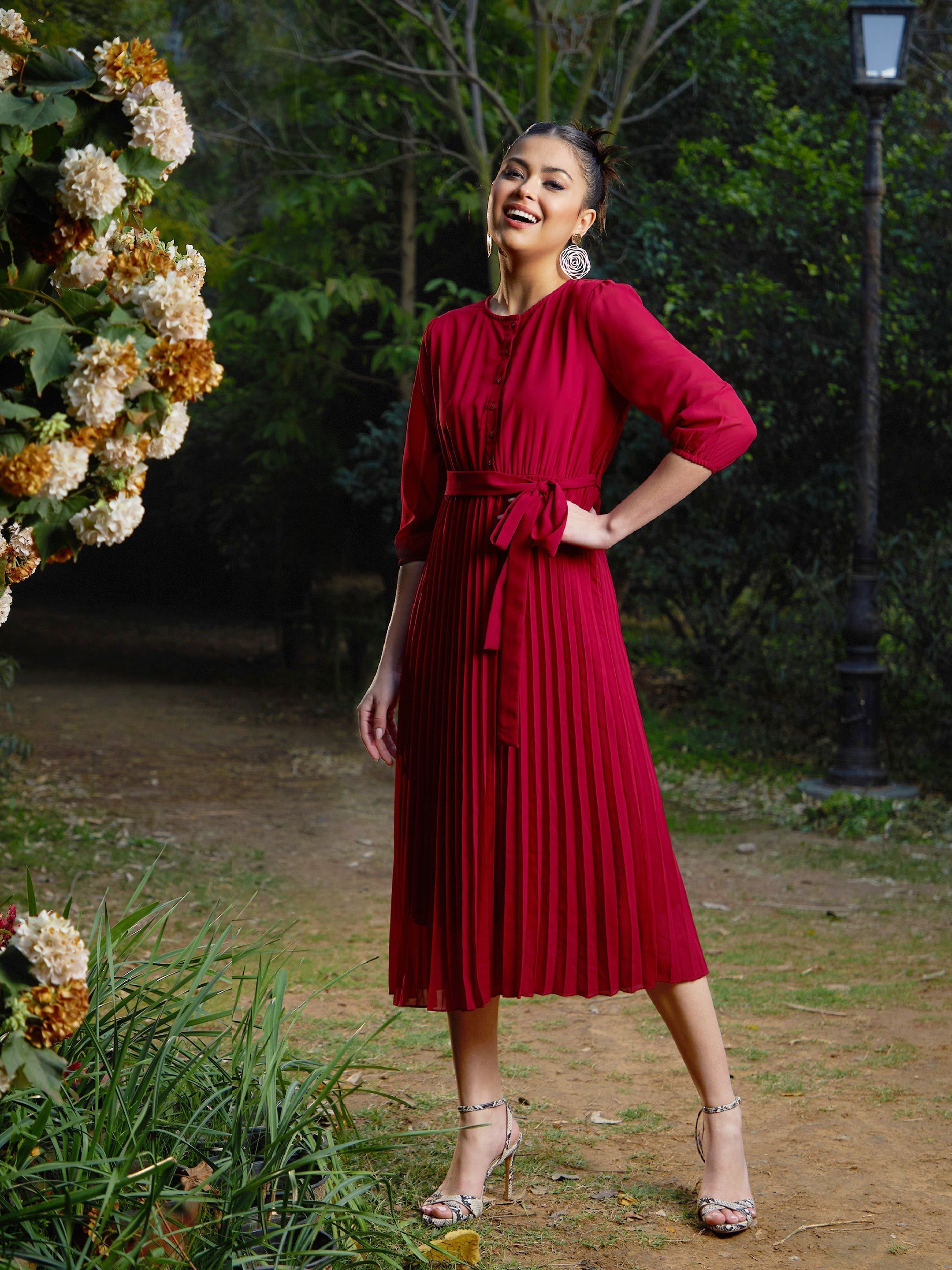 Women's Maroon Accordion Pleated Belted Midi Dress