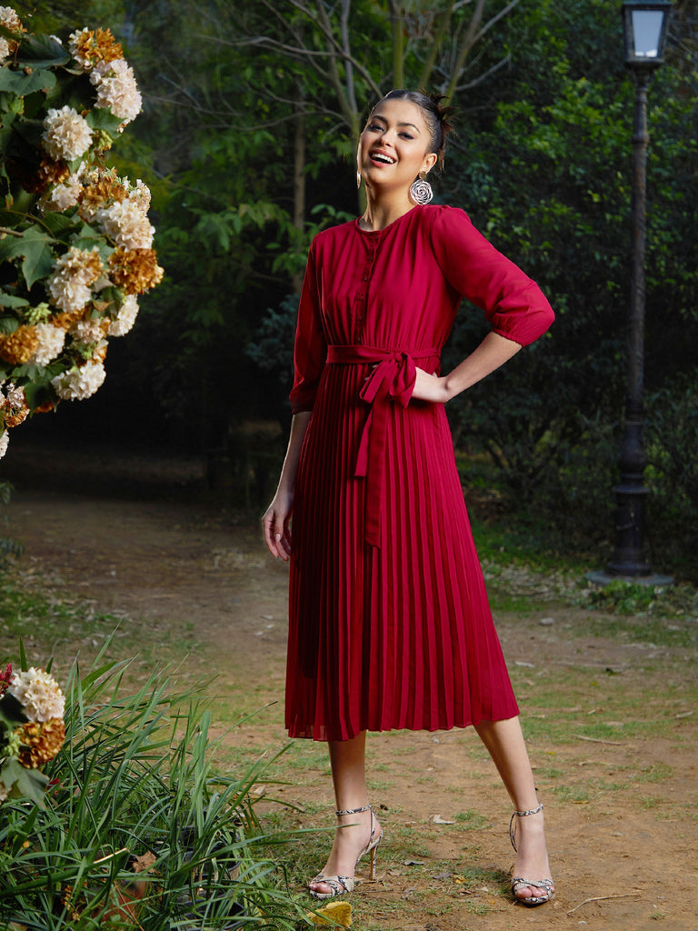 Women's Maroon Accordion Pleated Belted Midi Dress