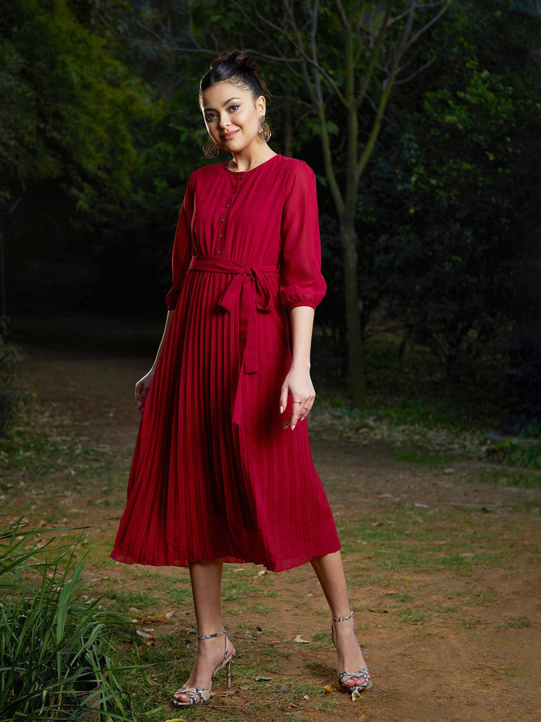 Women's Maroon Accordion Pleated Belted Midi Dress