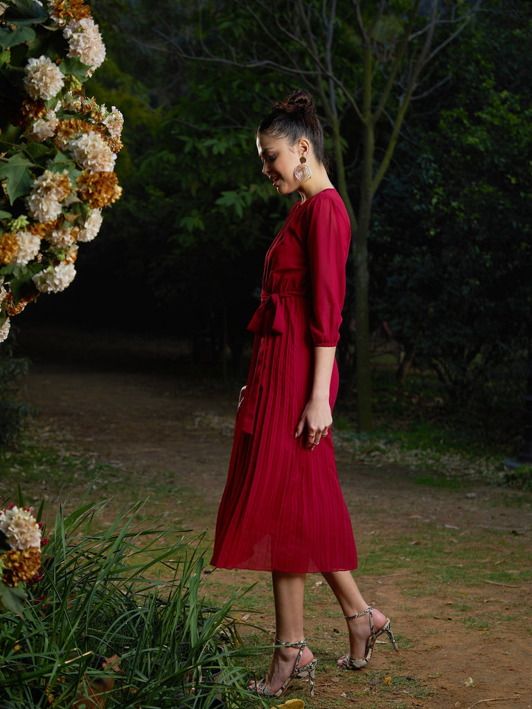 Women's Maroon Accordion Pleated Belted Midi Dress
