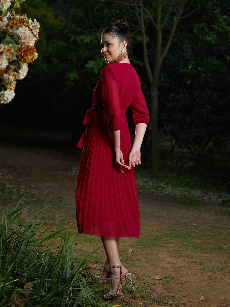 Women's Maroon Accordion Pleated Belted Midi Dress