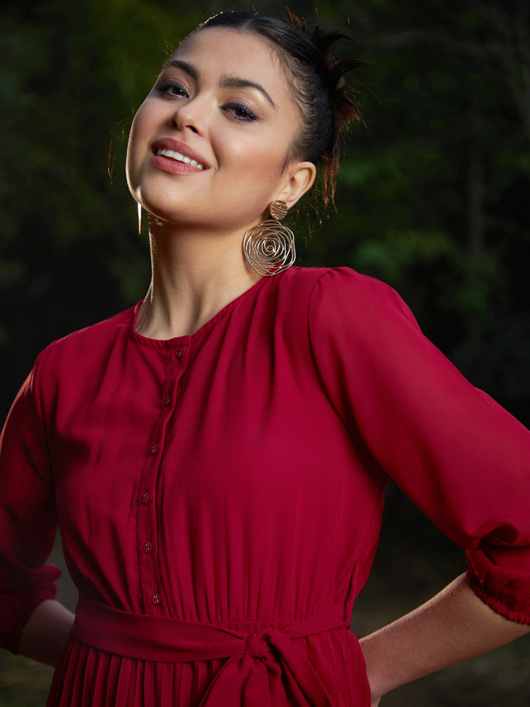 Women's Maroon Accordion Pleated Belted Midi Dress
