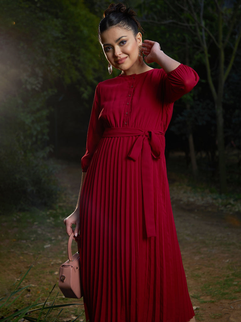 Women's Maroon Accordion Pleated Belted Midi Dress