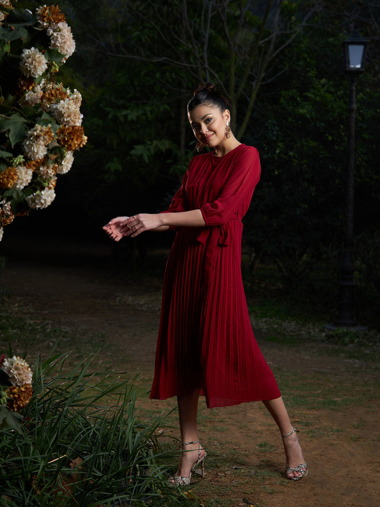Women's Maroon Accordion Pleated Belted Midi Dress