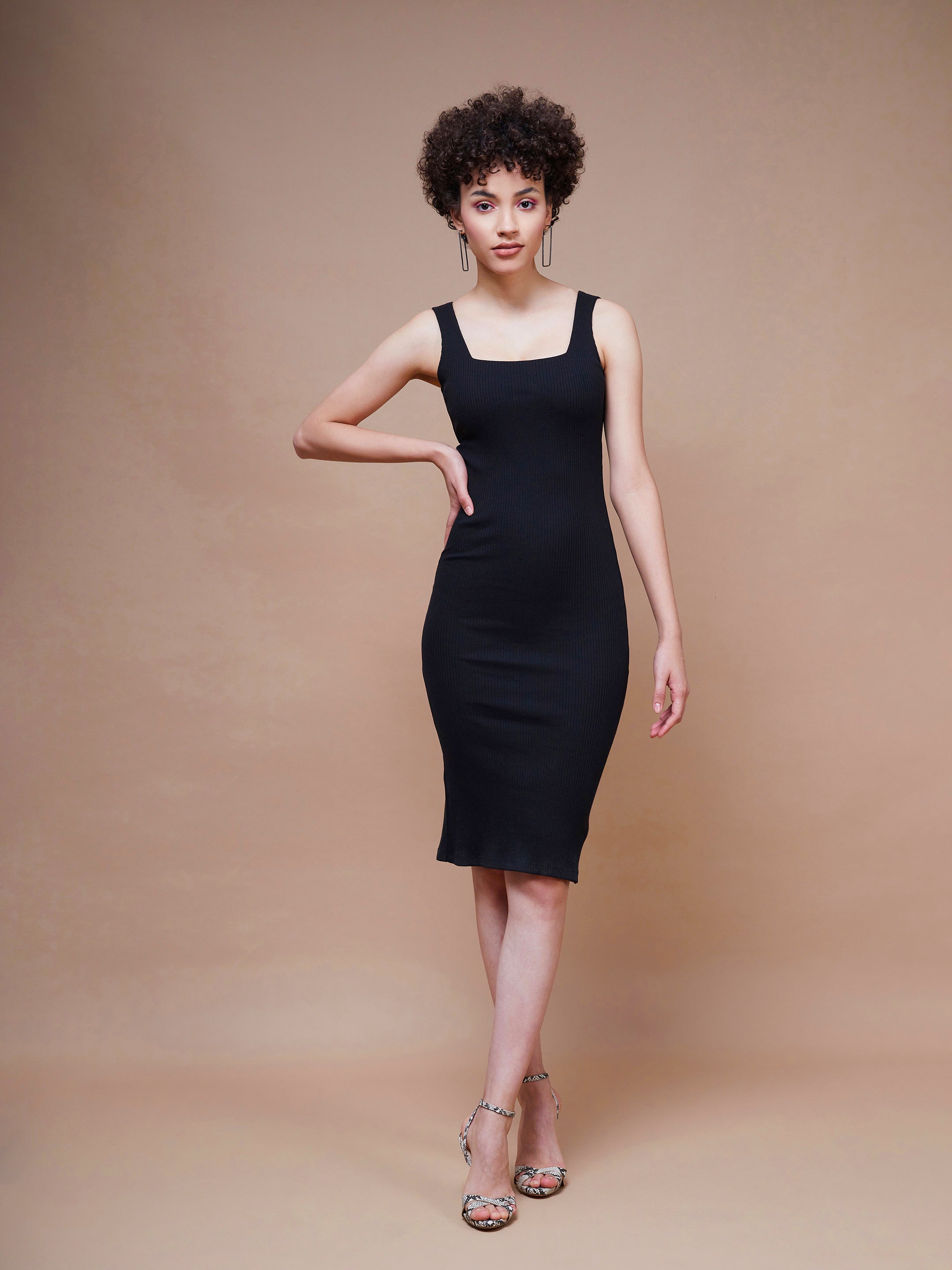Women's Black Rib Square Neck Midi Dress Trendia Women's Black Rib Square Neck Midi Dress Trendia