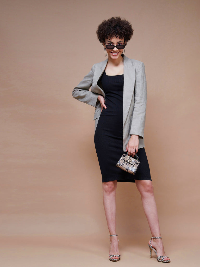 Women's Black Rib Square Neck Midi Dress