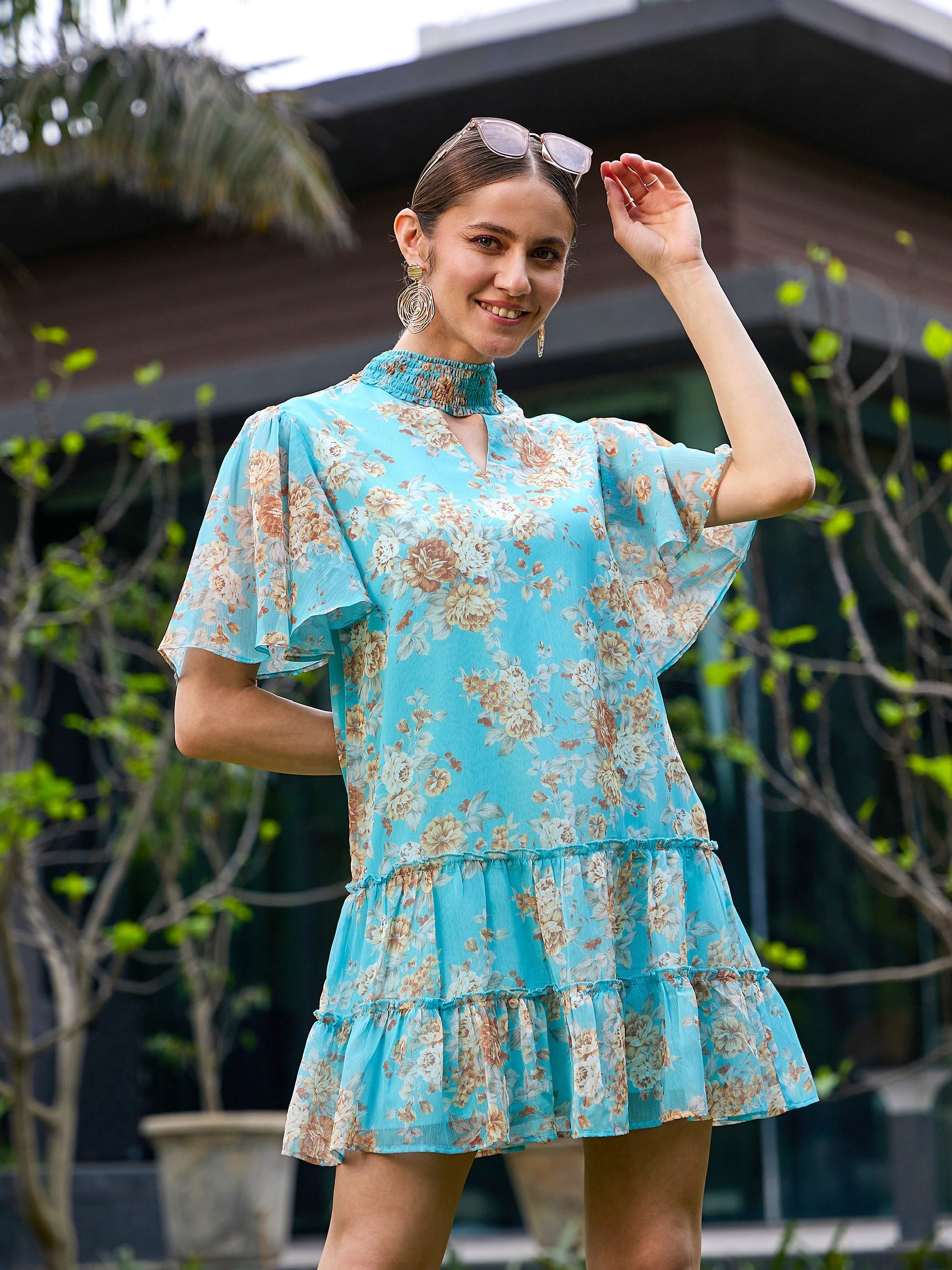 Women's Turquoise Floral Tiered Short Dress - SASSAFRAS