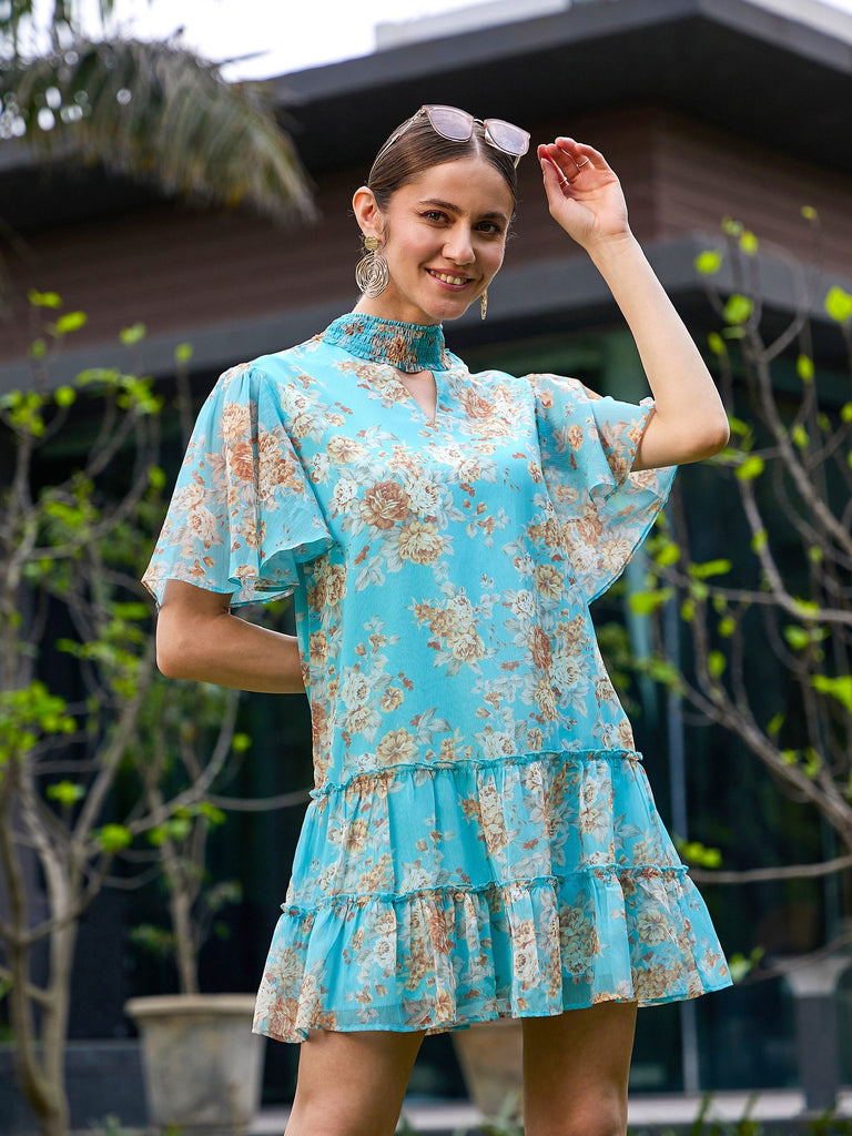 Women's Turquoise Floral Tiered Short Dress