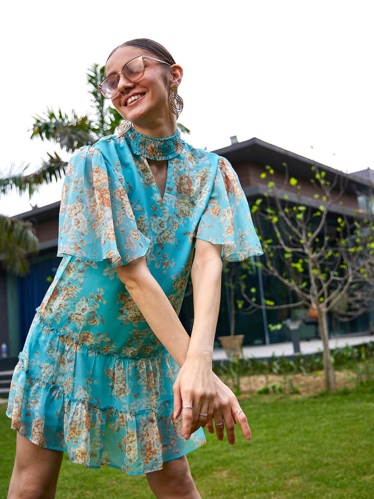 Women's Turquoise Floral Tiered Short Dress