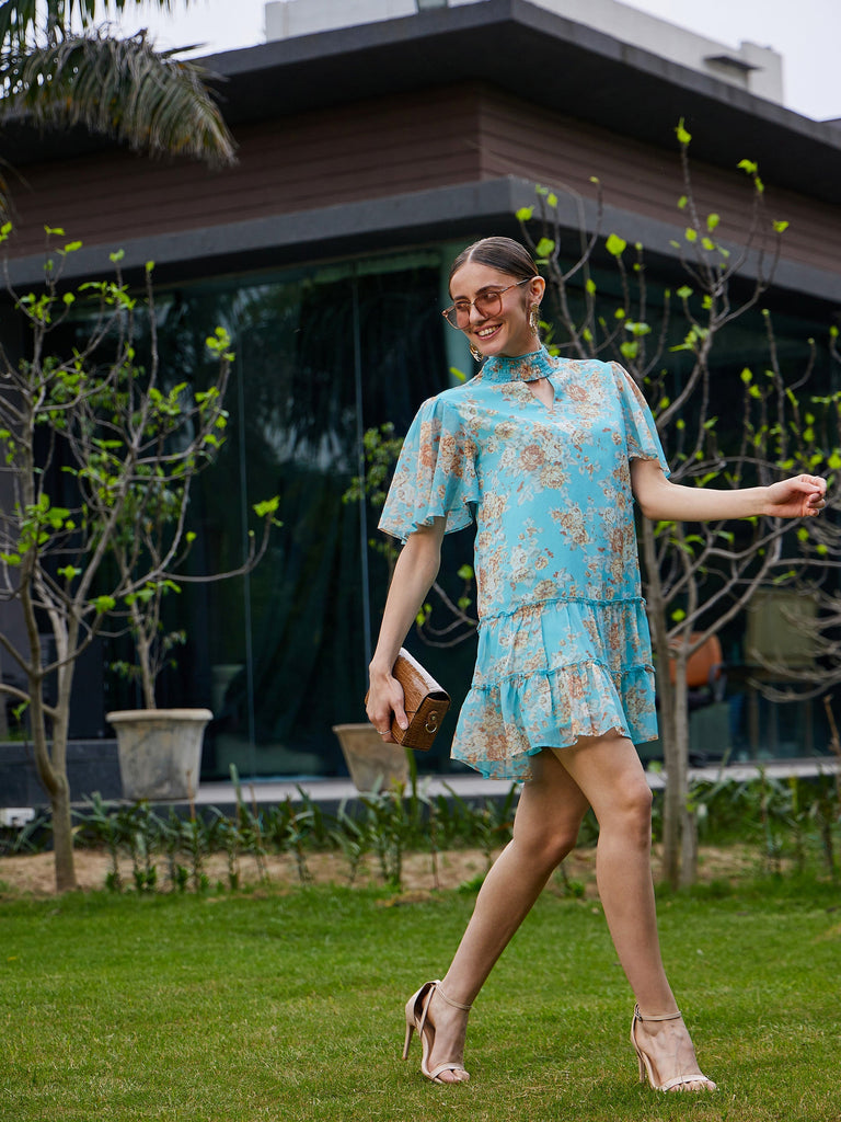 Women's Turquoise Floral Tiered Short Dress