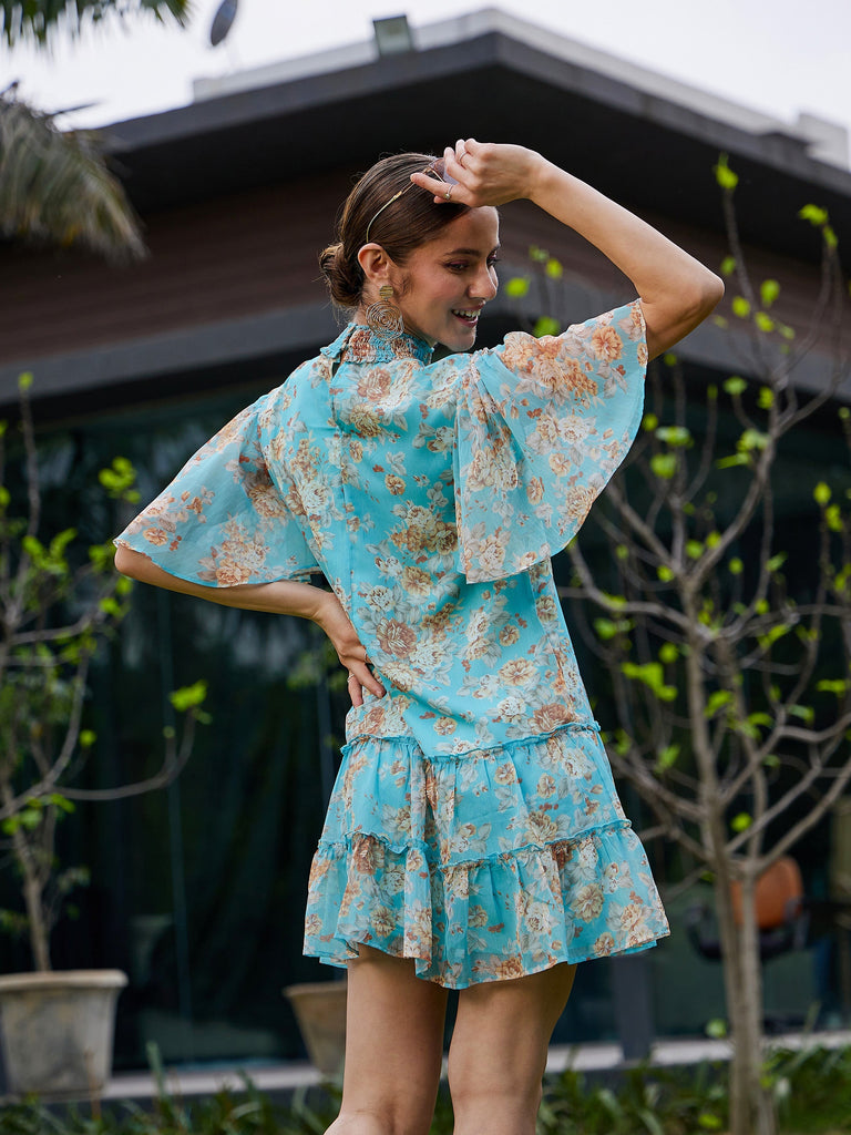 Women's Turquoise Floral Tiered Short Dress