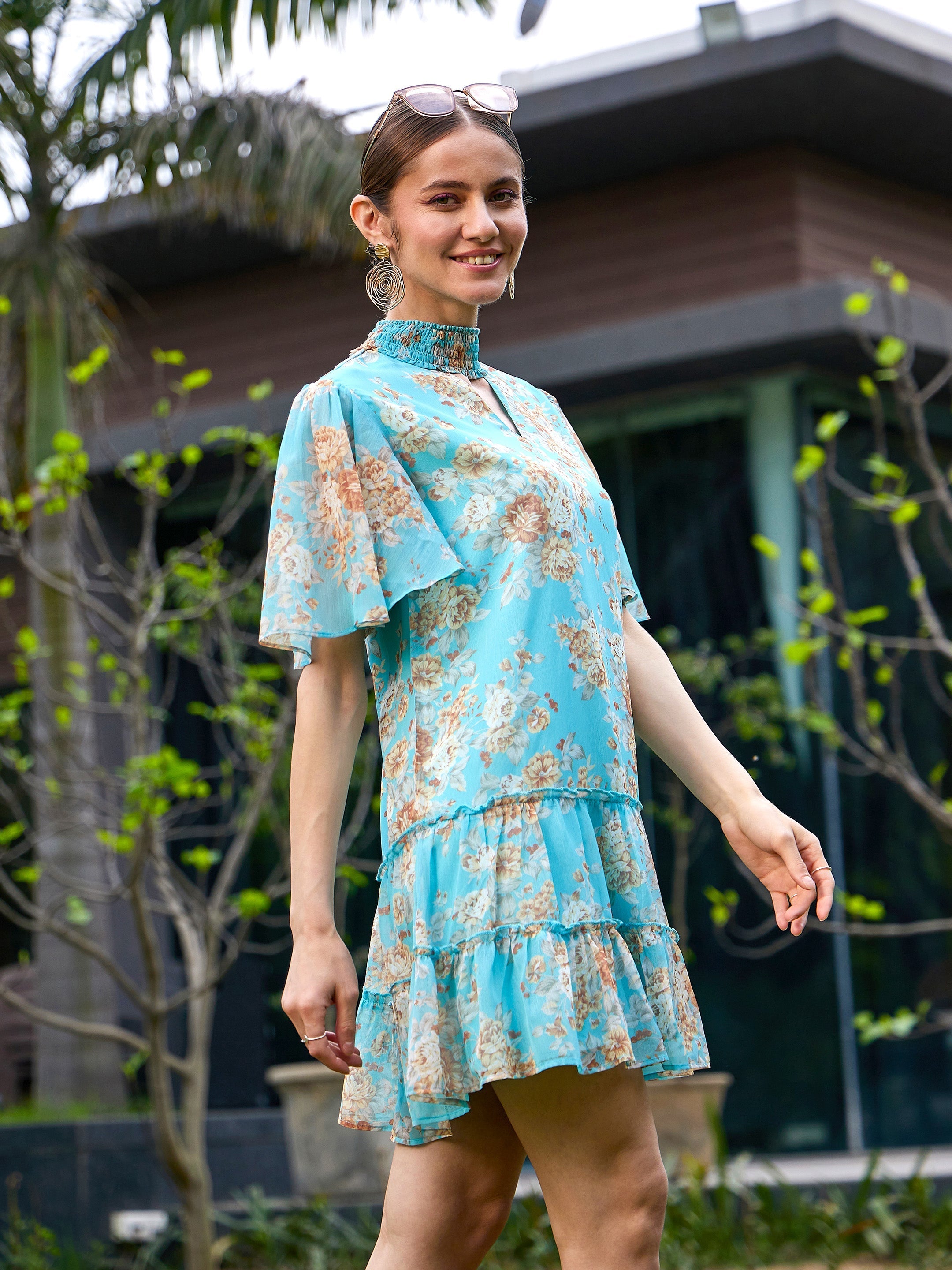 Women's Turquoise Floral Tiered Short Dress - SASSAFRAS