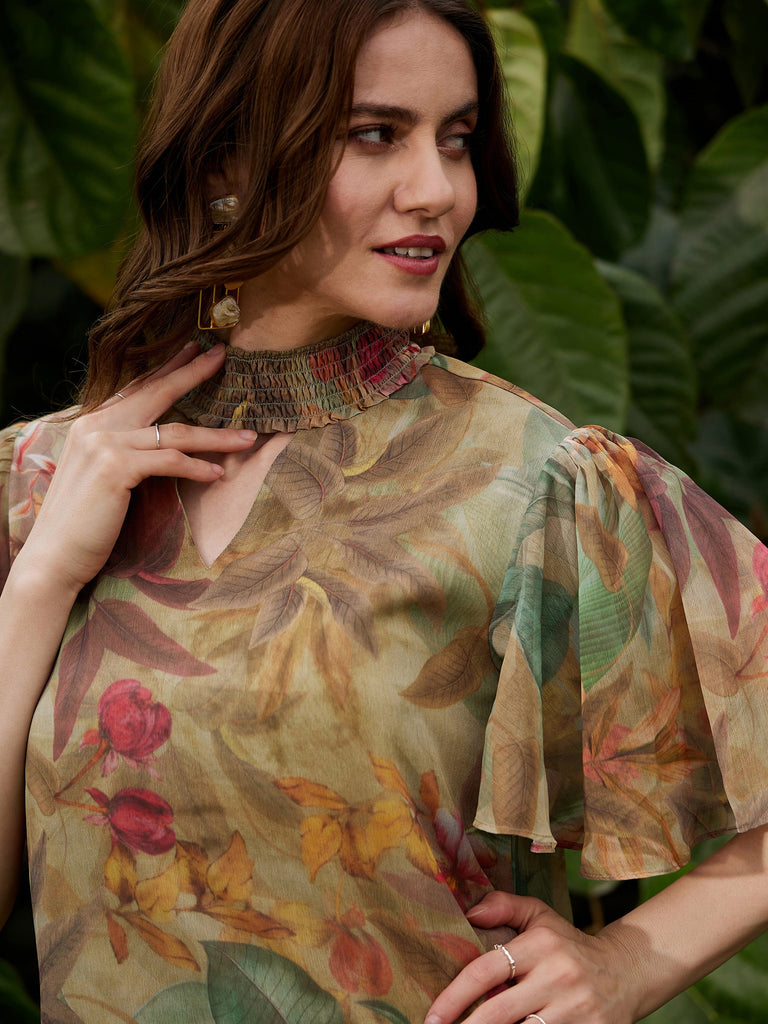 Women's Green Jungle Print Tiered Short Dress