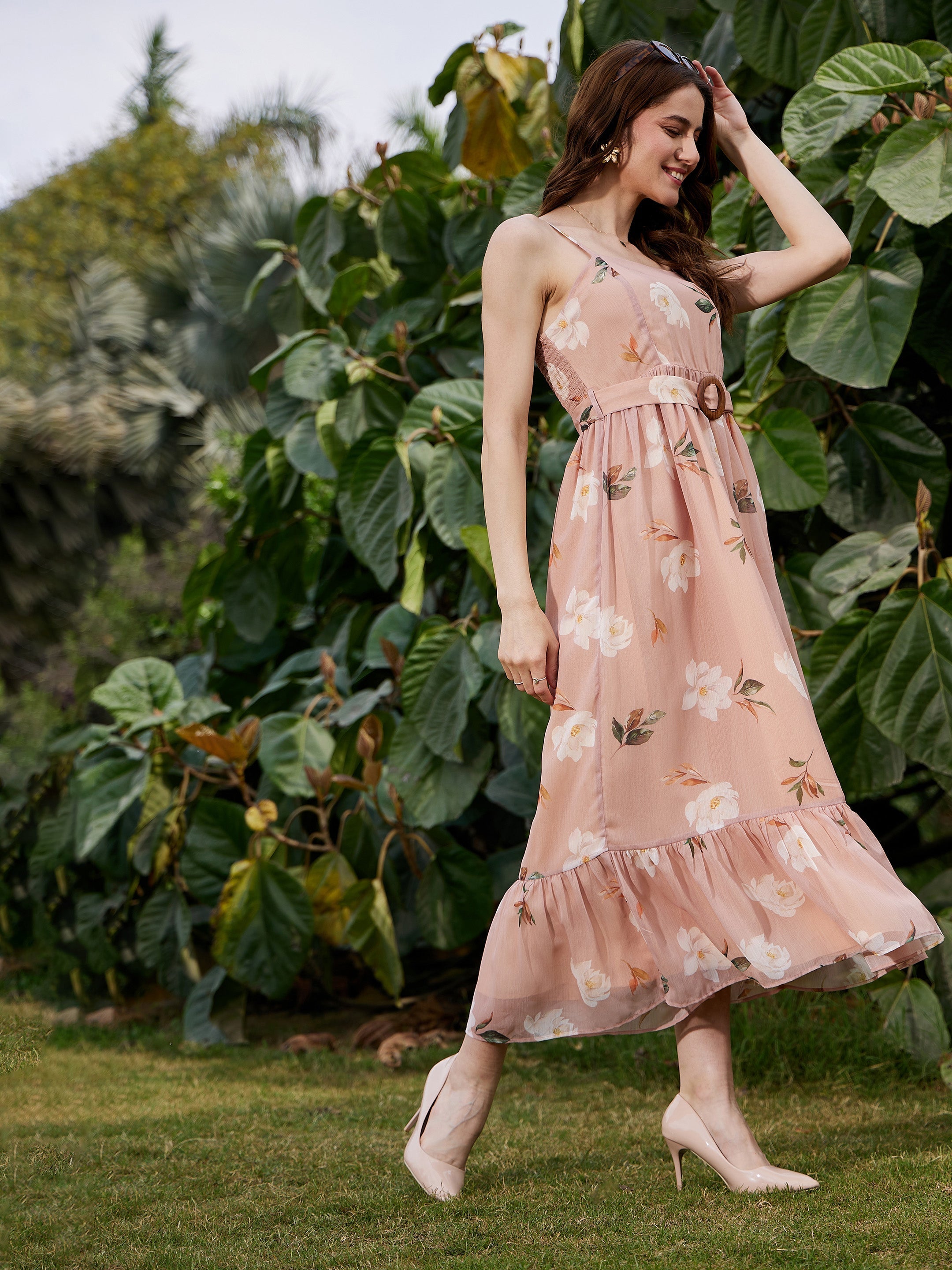 Women's Nude Floral Belted Strappy Maxi Dress - SASSAFRAS