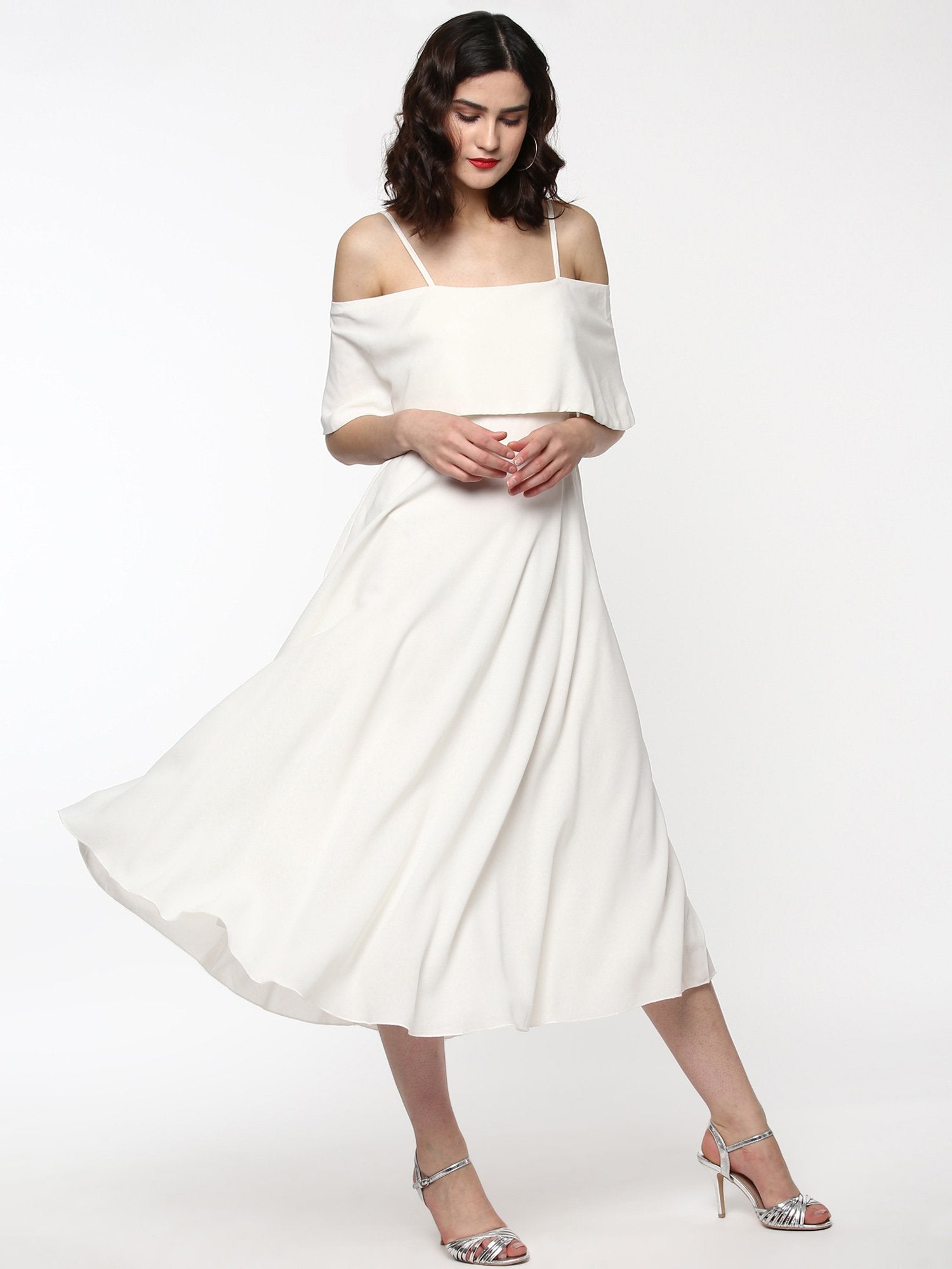 Women's Layered Fit & Flare Ivory Midi Strap Dress - SASSAFRAS