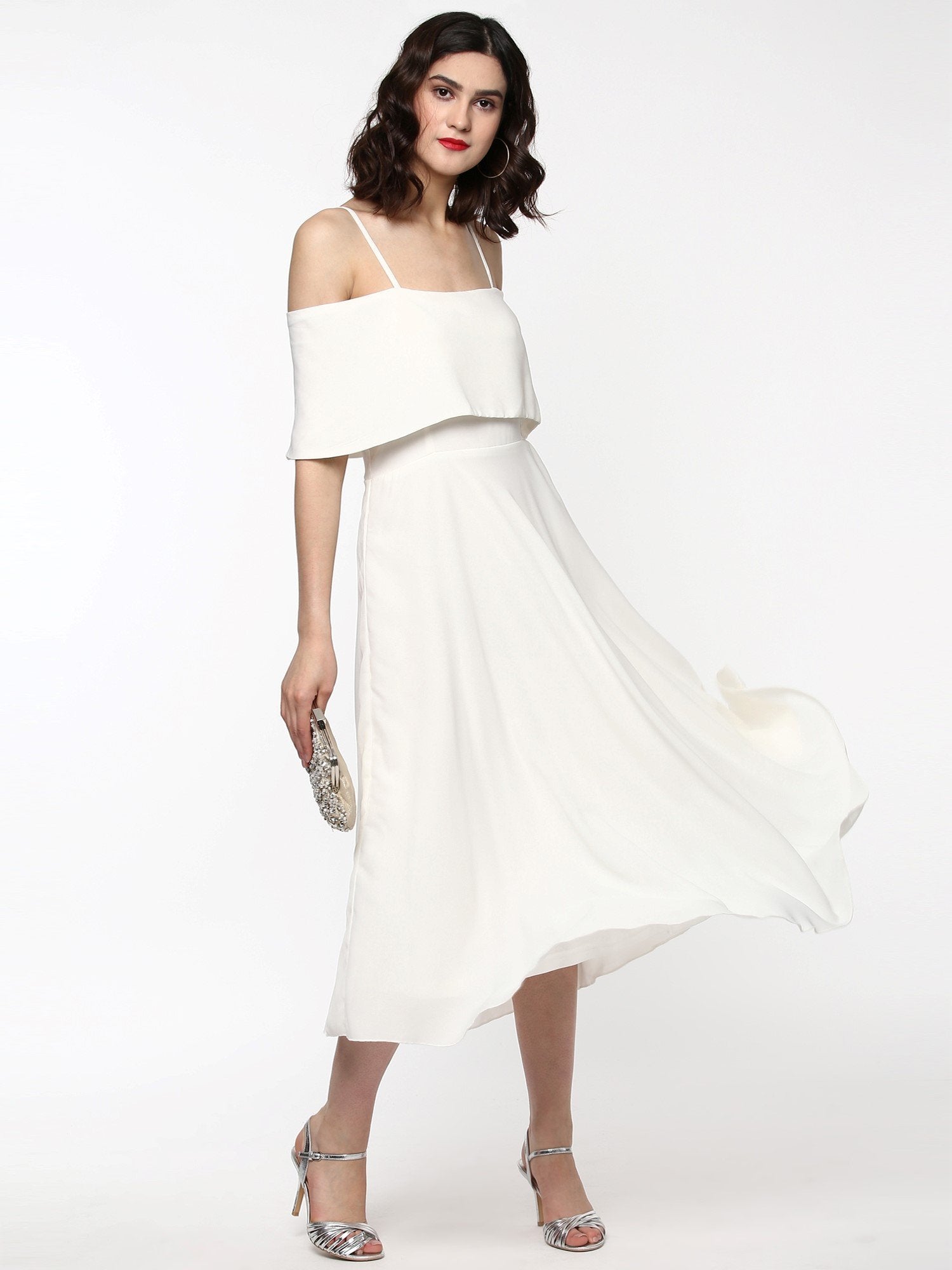 Women's Layered Fit & Flare Ivory Midi Strap Dress - SASSAFRAS