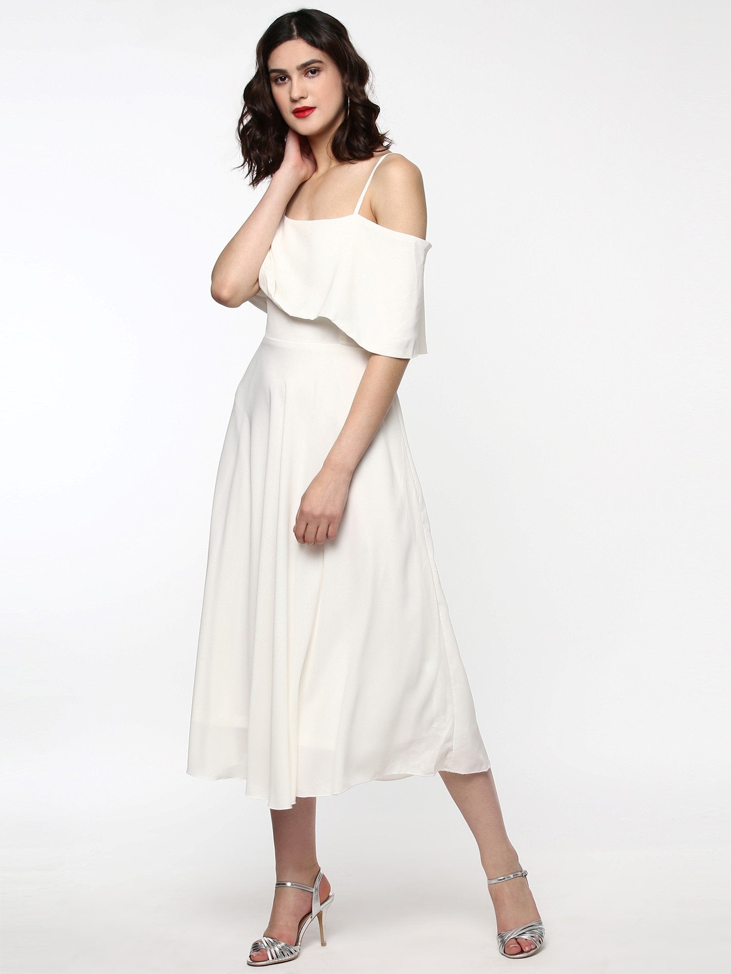 Women's Layered Fit & Flare Ivory Midi Strap Dress - SASSAFRAS