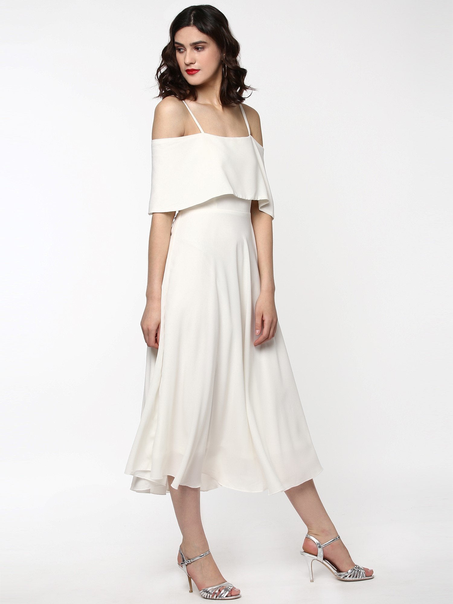 Women's Layered Fit & Flare Ivory Midi Strap Dress - SASSAFRAS