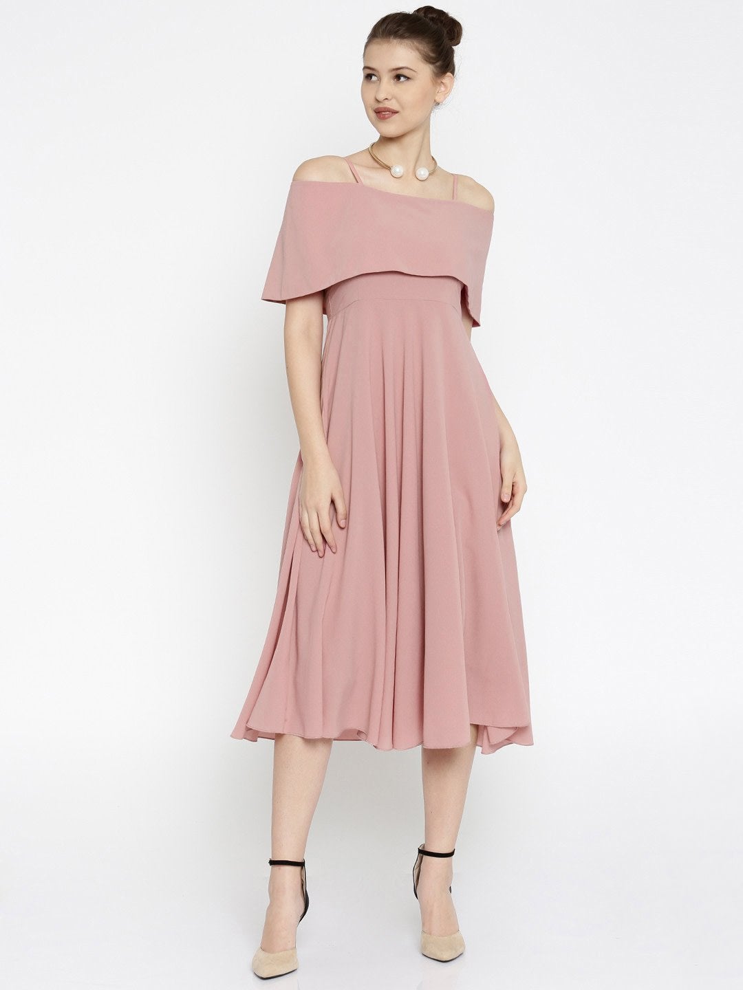 Women's Layered Fit & Flare Pink Midi Strap Dress - SASSAFRAS